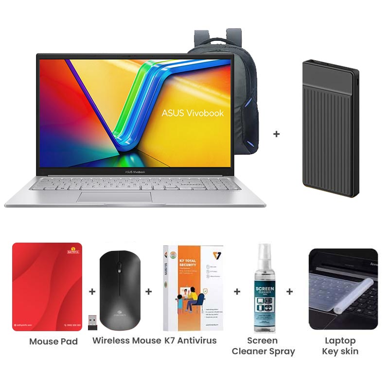 Picture of Asus Vivobook 15 - Intel Core i3-1315U 15.6" (39.62cm) X1504VA-BQ321WS Thin & Light Laptop (8GB/ 512GB SSD/ Full HD Display/ Intel UHD Graphics/ Windows 11 Home/  Office Home 2024/ 1 Year Warranty/ Cool Silver/ 1.70 kg) with Laptop Bag + 1000mAh Power Bank + Wireless Mouse + Mouse Pad + K7 Antivirus + Screen Cleaner Spray + Laptop Key Skin